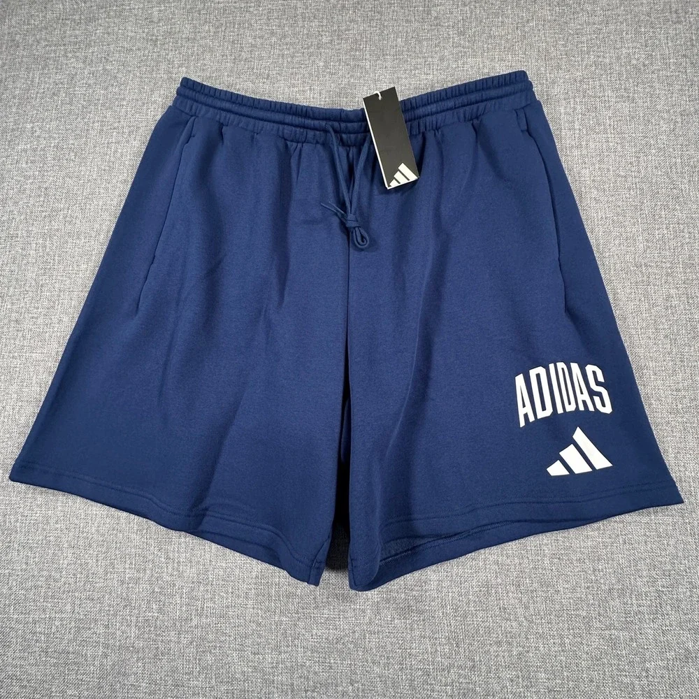 Adidas Collegiate Fleece Shorts Mens 2XLT‎ Dark Blue White Graphic Logo Gym NEW
